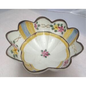 Vintage Nippon Hand Painted Scalloped 3-Footed Dish Yellow Blue Pink E-OH China